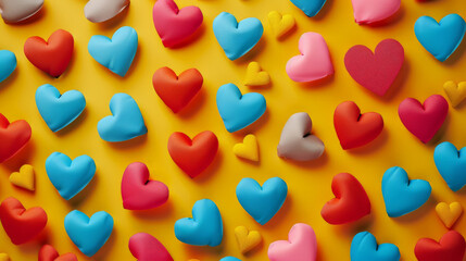Multicolored hearts on a yellow background