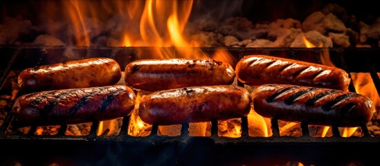 Grilled Sausages on a Flaming Grill