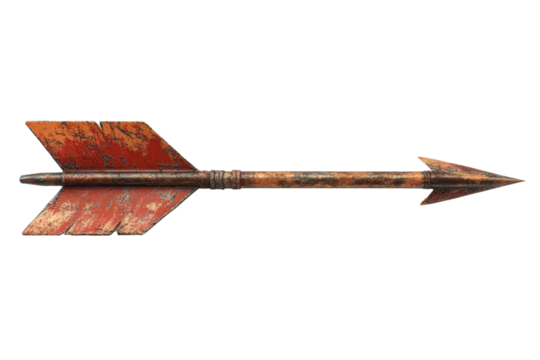 Rustic arrow with a weathered red and brown finish. transparent background