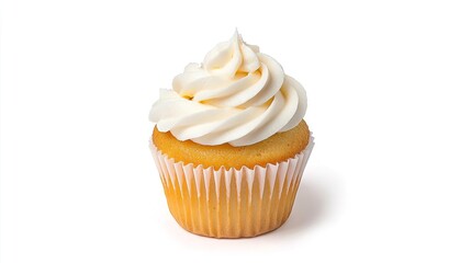 A cupcake with vanilla frosting on solid white background, single object