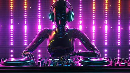 A robotic DJ spins records in front of a wall of colorful lights