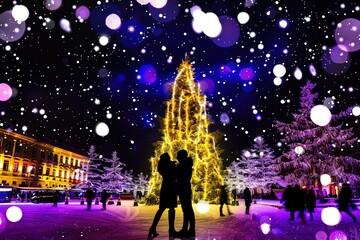 Obraz premium A couple is kissing in front of a Christmas tree