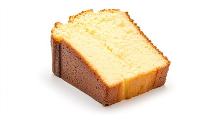A slice of pound cake on solid white background, single object