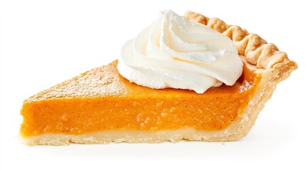 A slice of pumpkin pie on solid white background, single object