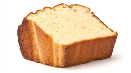 A slice of pound cake on solid white background, single object