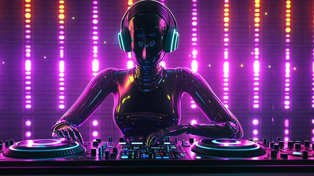 A robotic DJ spins records in front of a wall of colorful lights