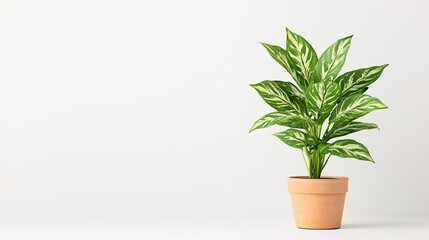 Fototapeta premium A variegated Chinese Evergreen in a small pot on solid white background, single object