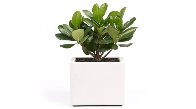 A variegated Clusia in a modern white pot on solid white background, single object