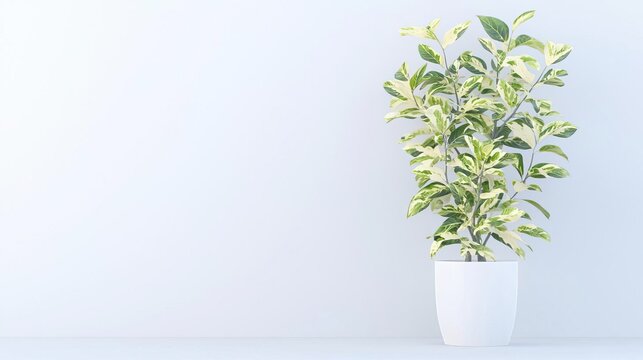 A variegated Clusia in a modern white pot on solid white background, single object