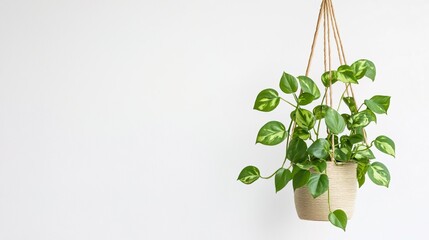 A variegated Hoya in a macrame hanging pot on solid white background, single object