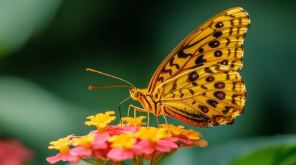 Obraz premium A vibrant yellow butterfly with black spots perched on colorful flowers, showcasing the beauty of nature and pollination in a lush garden setting.
