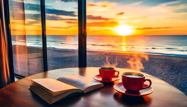 Fototapeta coffee, book, and the ocean at sunset seen through the window