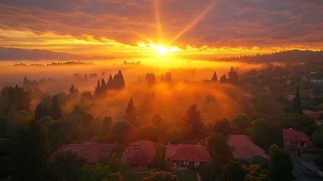 Sunrise over Foggy Town Landscape Aerial View