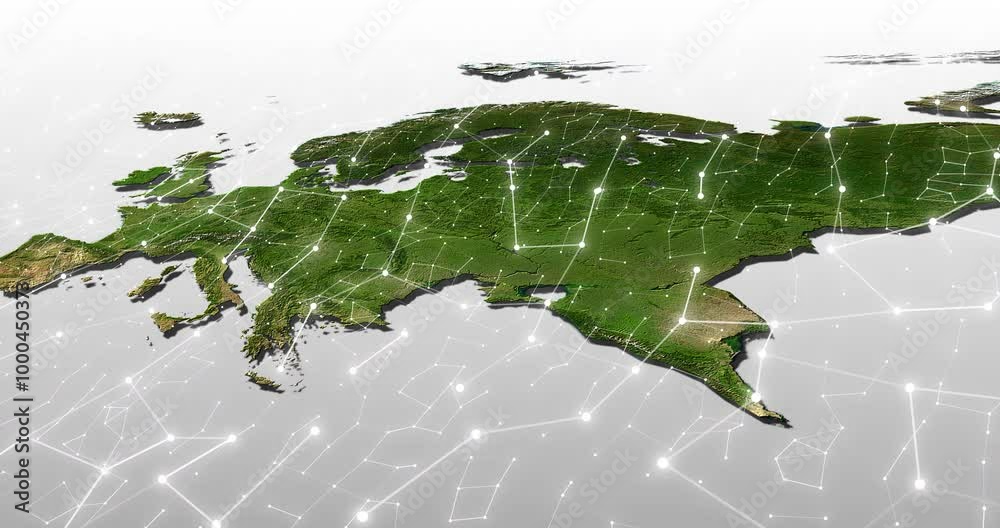 Poster Europe, map and network with communication grid lines for international or global traffic. Future, hologram and world with blockchain, data or internet on continent for cloud computing or satellite