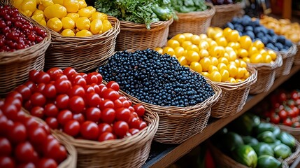 Fresh Produce at Farmers Market,  Colorful Fruits and Vegetables in Baskets