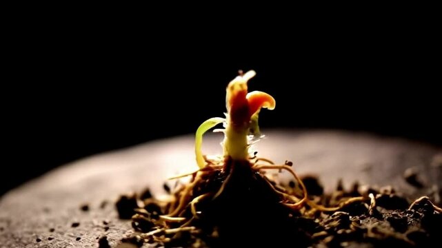 Wide shot front view seed germination time-lapse or Front view seed growth time-lapse or Capture seed growth roots shoot development time-lapse