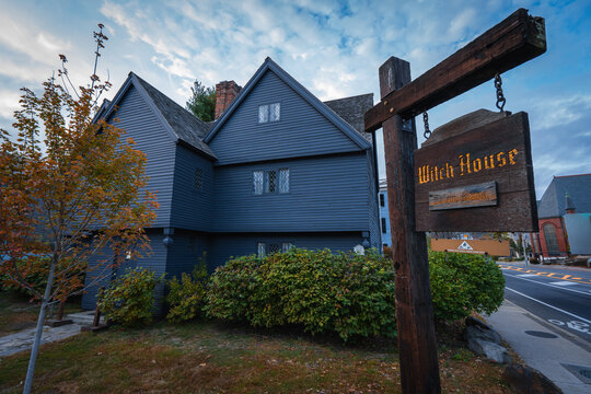 Salem, Massachusetts - October 20, 2020: The Witch House Sign in Front Black Salem Witch Trials Home Dark Haunted House Dark Wood Residential