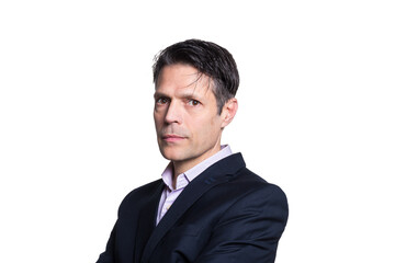 Middle-aged man looking at camera, three-quarter profile, on white background, wearing formal clothes.