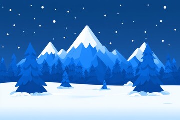 Obraz premium Minimalist winter landscape with snowy mountains and blue trees evoking a serene and peaceful holiday scene with simple and clean design elements