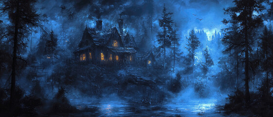 Lone scary house in dark forest at blue night, old wood mansion and mist like in horror movie. Concept of Halloween, fantasy, landscape, haunted place.