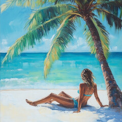 Tropical Dream, A beautiful woman lounges under a palm tree on a white sandy beach, with crystal-clear turquoise waters stretching out before her, 1:1 ratio