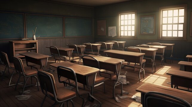 Empty Classroom with Sunlight Streaming Through Windows
