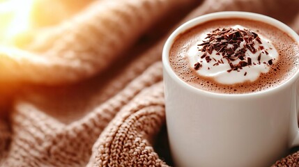 Mug of hot chocolate with whipped cream and chocolate shavings.