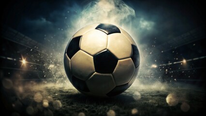 Fototapeta premium A close-up of a soccer ball on a field with smoke and stadium lights in the background.