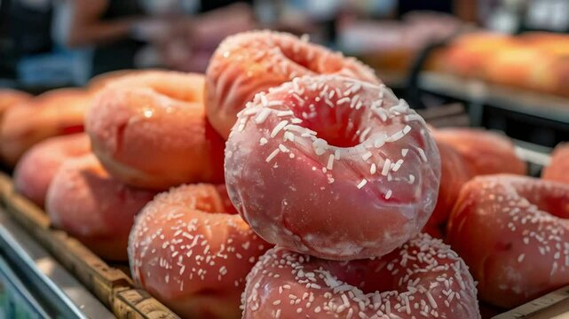 A display of peach-flavored donuts on a bakery rack.