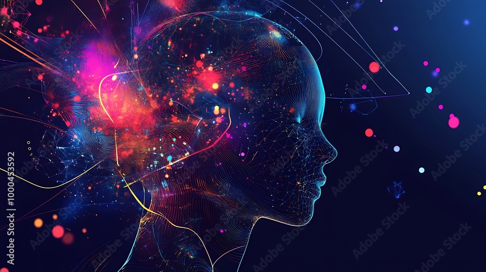 Poster abstract digital art of a human head with colorful light streaks and particles.