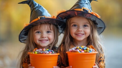 Smiling Children in Witch Hats with Candy Buckets Celebrating Halloween Outdoors