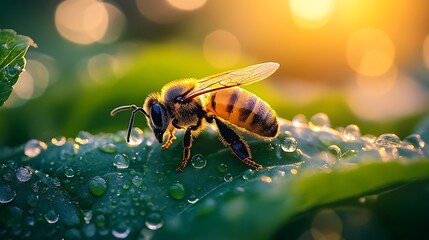 Honey bee on dew covered leaf with sunset bokeh background