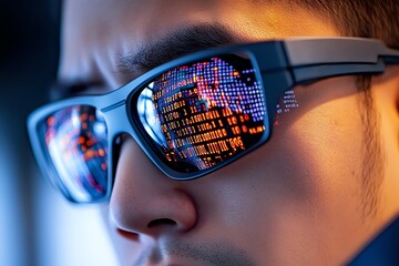 Hacker with encrypted data streaming through their glasses, the reflections of binary code and system breaches on the lenses showing deep focus on cyber intrusion