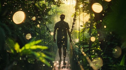 Obraz premium A man walks across a suspension bridge surrounded by dense forest, with sunlight streaming through the mist, creating a magical and serene atmosphere. Perfect for nature and adventure themes.