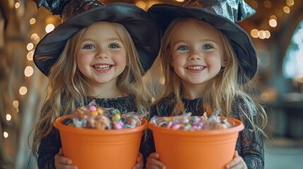 Smiling Children in Witch Hats with Candy Buckets Celebrating Halloween Outdoors