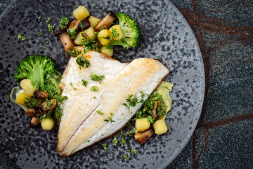 Fried cod fillet with baby king oyster mushrooms, broccoli and gnocchi served on mashed potatoes as top view on a rustic design plate with text space