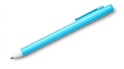 Blue plastic ballpoint pen isolated on white background.