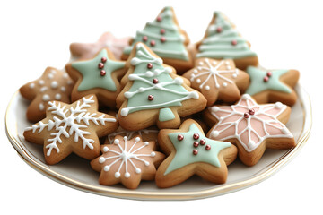 A festive assortment of Christmas-themed sugar cookies decorated with green and white icing, arranged on a white plate. 