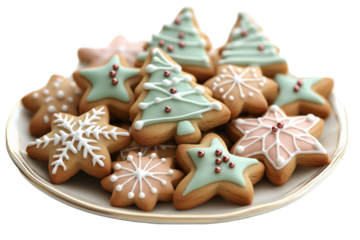 A festive assortment of Christmas-themed sugar cookies decorated with green and white icing, arranged on a white plate. 
