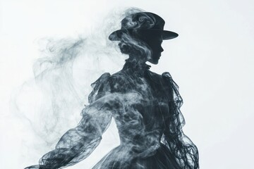 A haunted figure from the Victorian era, isolated on white, focus on the detailed clothing and ghostly aura
