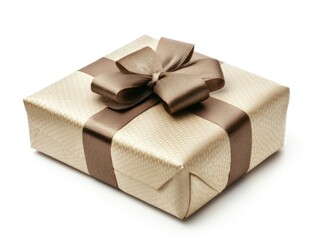 A high-end, elegantly wrapped gift, isolated on a plain white background, focus on the quality and craftsmanship