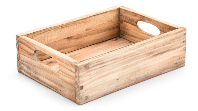 Empty wooden crate with handles isolated on white.
