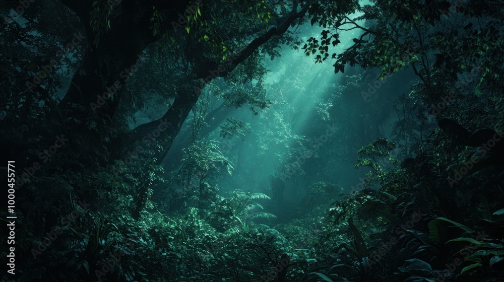 Poster A Mystical Light Pierces Through Dense Tropical Foliage