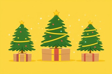 Fototapeta premium Festive Christmas trees with gift boxes on a bright yellow background creating a cheerful holiday scene with vibrant colors and simple design elements