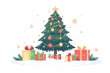 Obraz premium Classic Christmas tree adorned with colorful ornaments and wrapped presents standing in a snowy field evoking nostalgia and festive joy during the holiday season