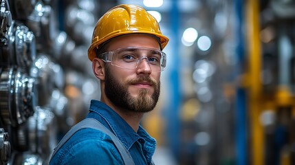 Portrait of a male industrial worker wearing hardhat and safety glasses in a factory