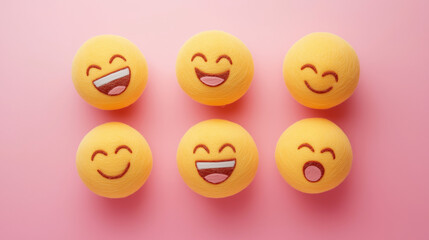 Naklejka premium emotional, mood, positive emotions concept: fluffy yellow balls with various cheerful expressions: one with a big smile, another with eyes closed in laughter