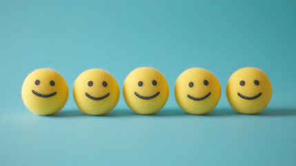 emotional, mood, positive emotions concept: yellow balls  with beaming smiles and twinkling eyes, exuding joy and happiness arranged in a cheerful