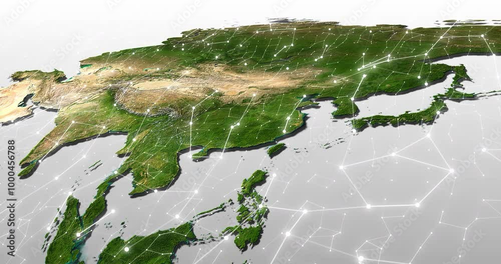 Poster Asia, map and networking with grid lines for international or global communication. Future, hologram and world with data, traffic or web on continent for cloud computing or satellite connection
