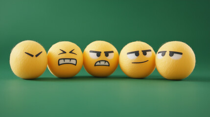 emotional, mood, jealousy concept: yellow balls  with sly, cunning smiles and narrowed eyes, showing a hint of malice arranged in a slightly confrontational